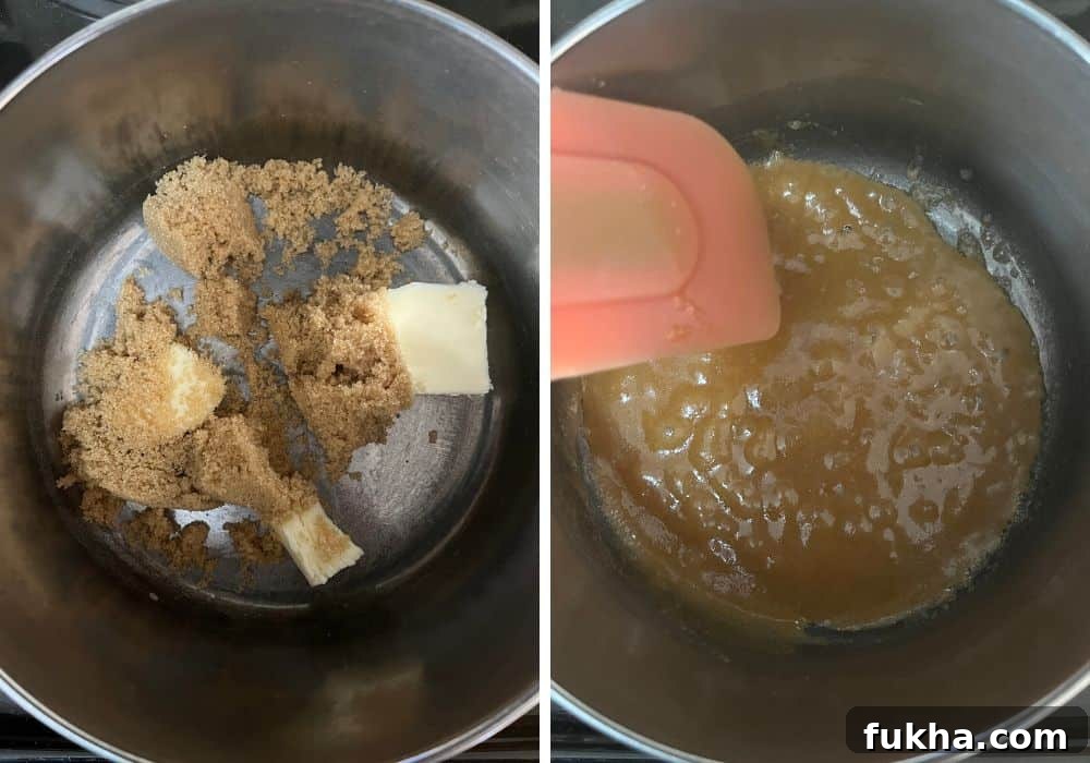 two photos; one shows butter and brown sugar in a small saucepan, the other shows the mixture boiling.