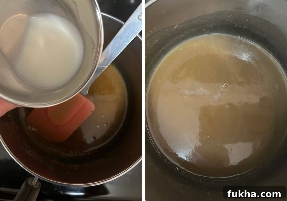 two photos; one shows milk being added to the caramel mixture, the other shows the milk stirred in.
