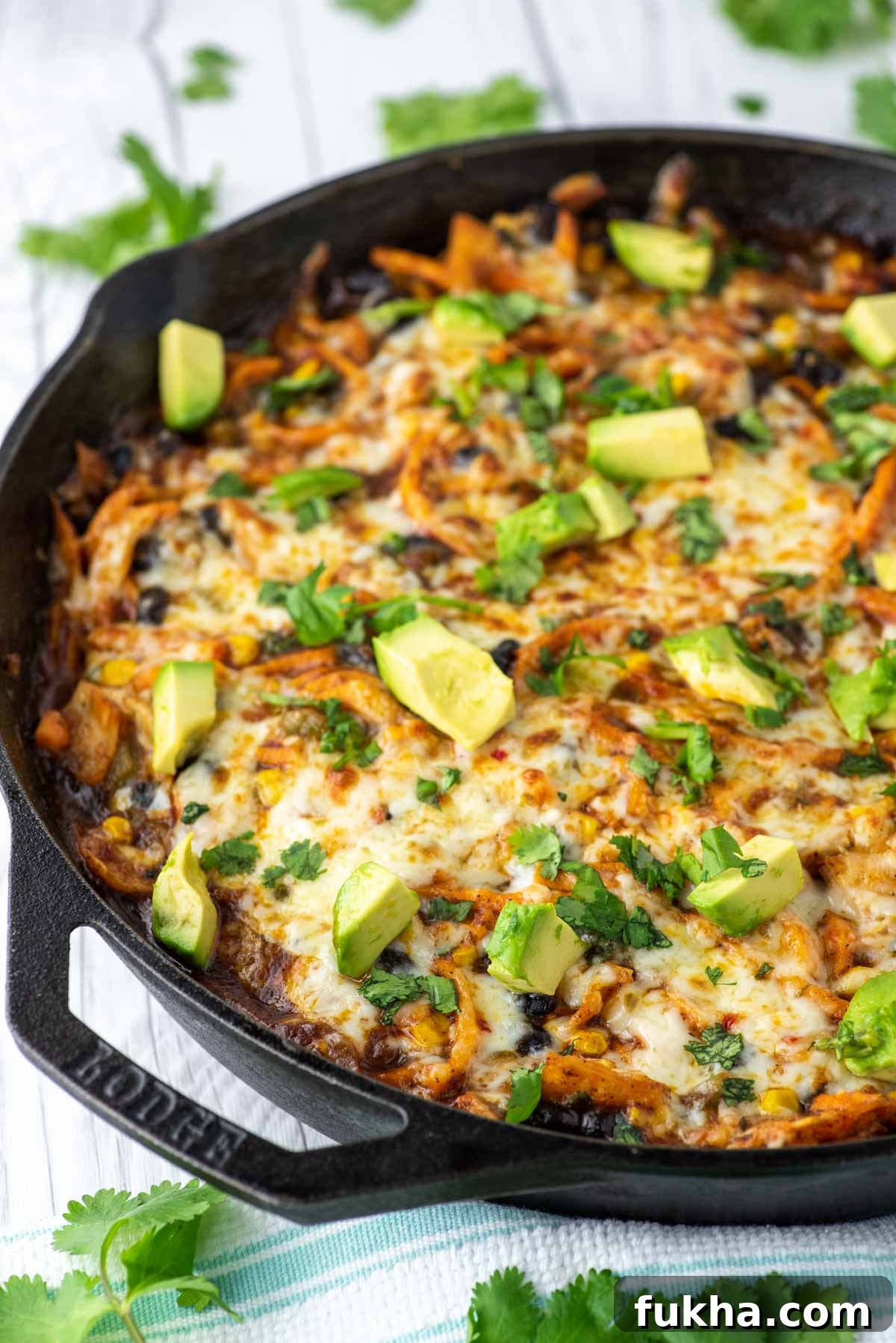 Spiralized Sweet Potato Enchilada Skillet Recipe 3 spiralized sweet potato enchilada skillet on dish towel