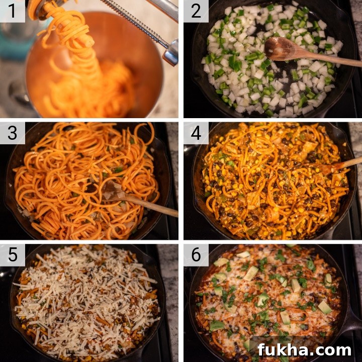 Spiralized Sweet Potato Enchilada Skillet Recipe 4 process shots of how to make spiralized sweet potato enchilada skillet