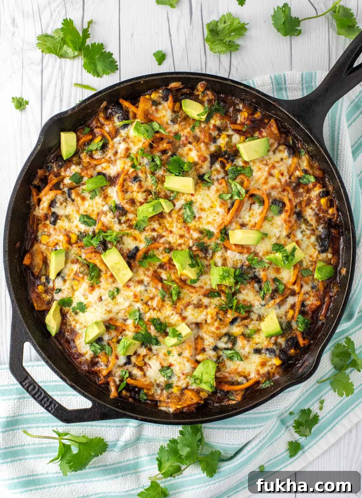 Spiralized Sweet Potato Enchilada Skillet Recipe 5 overhead shot of spiralized sweet potato enchilada skillet