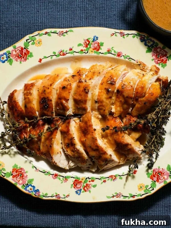 A platter of sliced chicken breast with chicken gravy.