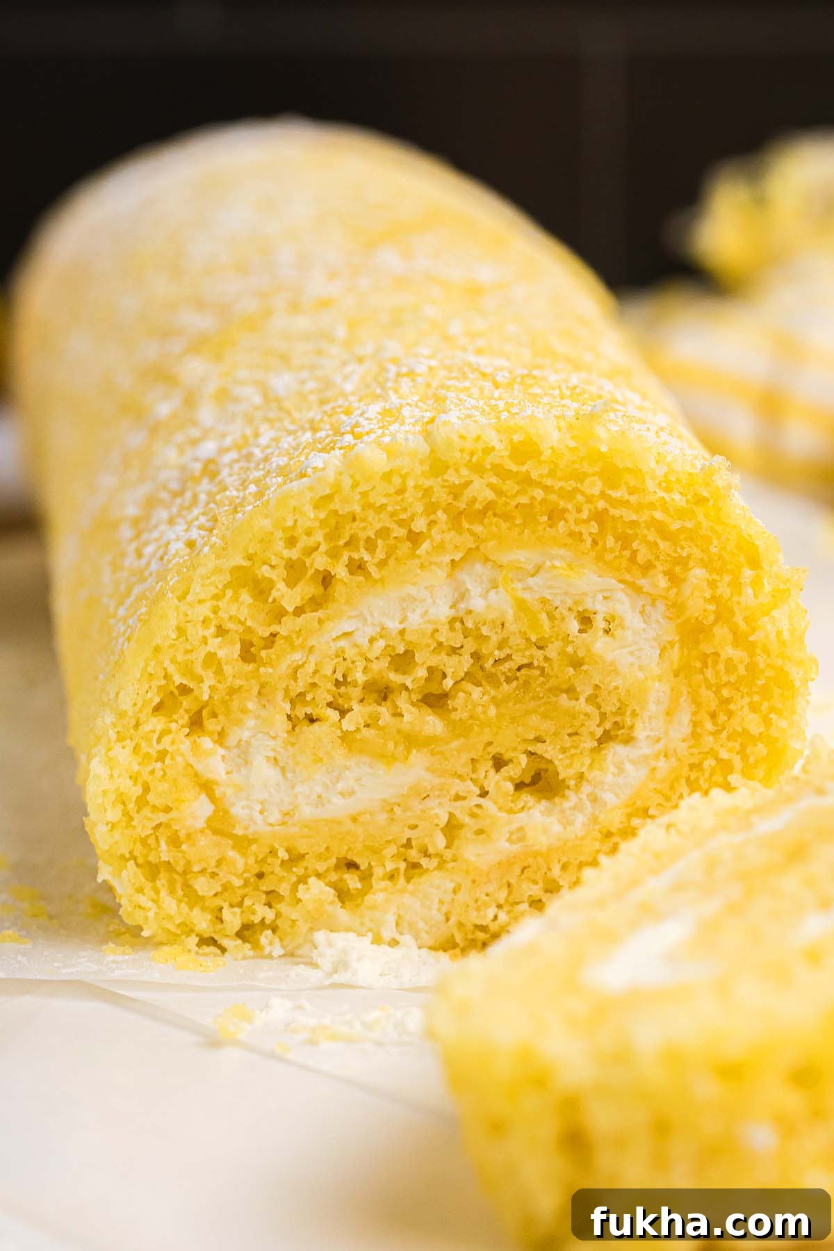 Zesty Lemon Swiss Roll Cake Recipe 7 A close-up of a lemon cake roll, dusted with powdered sugar and revealing its spiral cream filling.