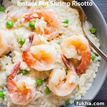 instant pot shrimp risotto served in a grey bowl with a spoon