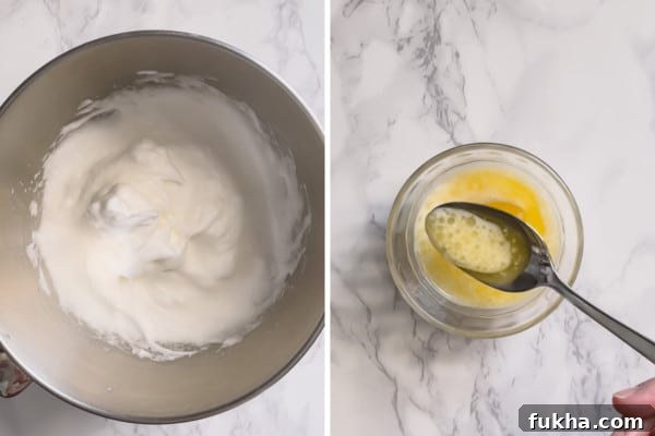 Snow White Roll Cake Recipe with Whipped Cream Filling 4 Whipped egg whites and mixture of melted butter and milk.