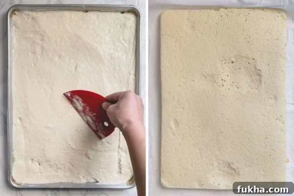 Snow White Roll Cake Recipe with Whipped Cream Filling 6 Roll cake batter in a baking sheet before and after baking.