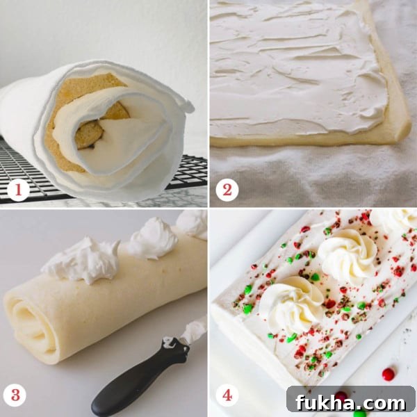 Snow White Roll Cake Recipe with Whipped Cream Filling 7 Step by step photos of filling the roll cake.