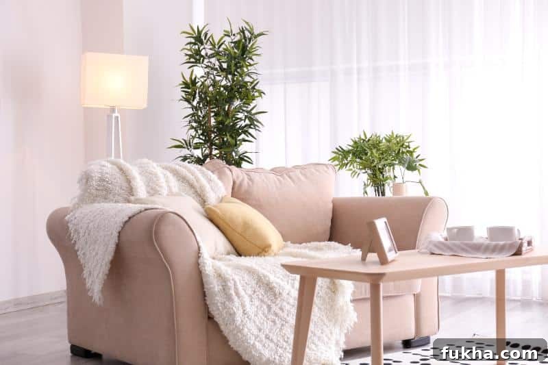 small beige couch with blanket and throw pillows