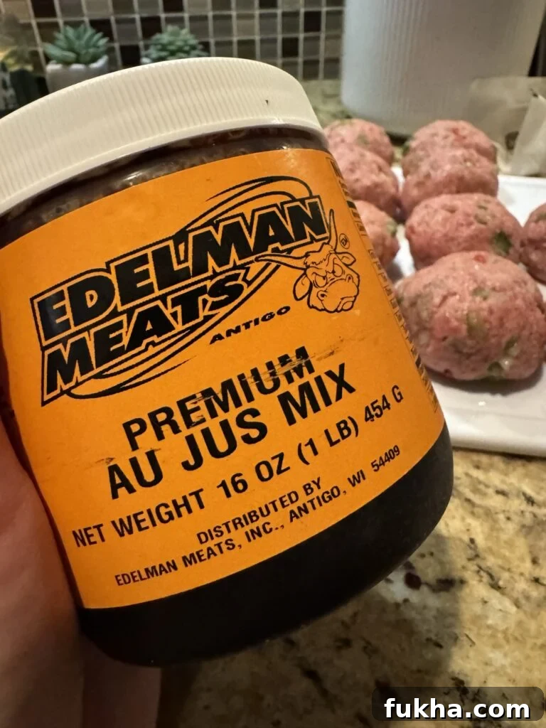 A container of Edelman Meats brand Premium Au Jus Mix