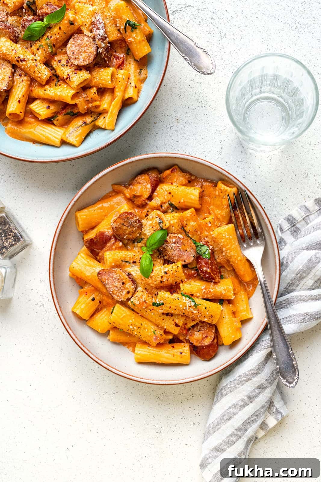 Bowl of sausage pasta in a creamy tomato mascarpone sauce