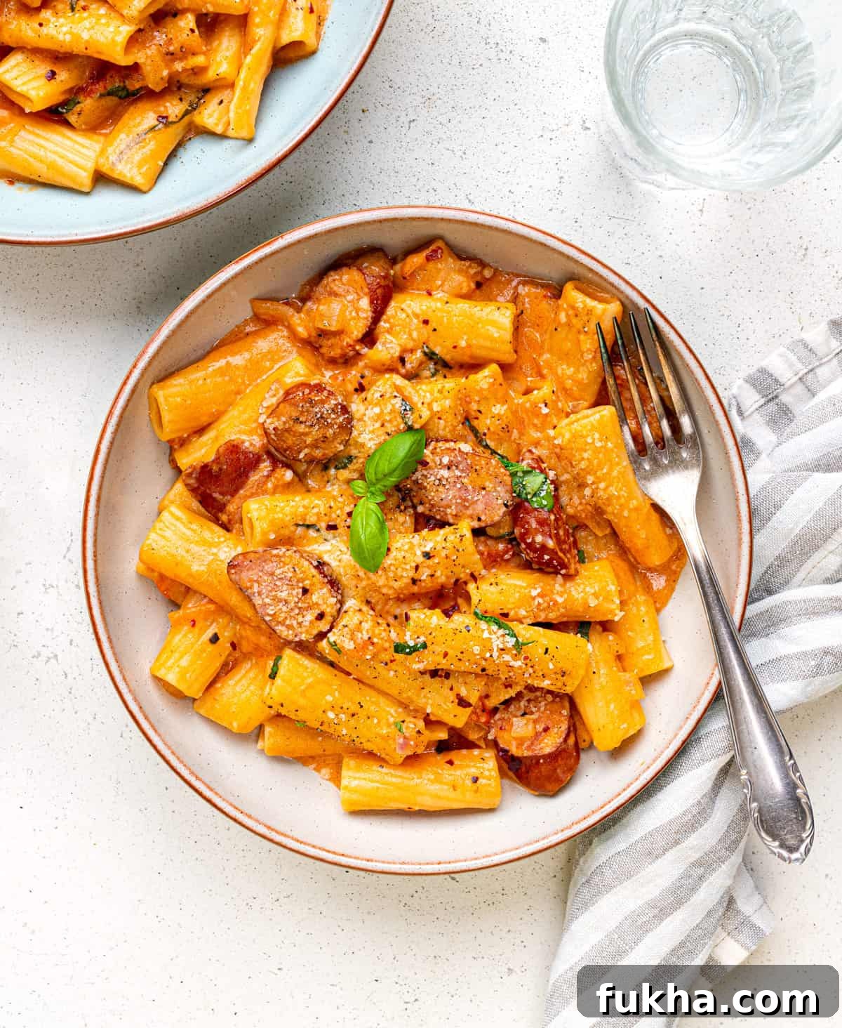 Bowl of rigatoni pasta in creamy tomato mascarpone sauce with sausages and parmesan