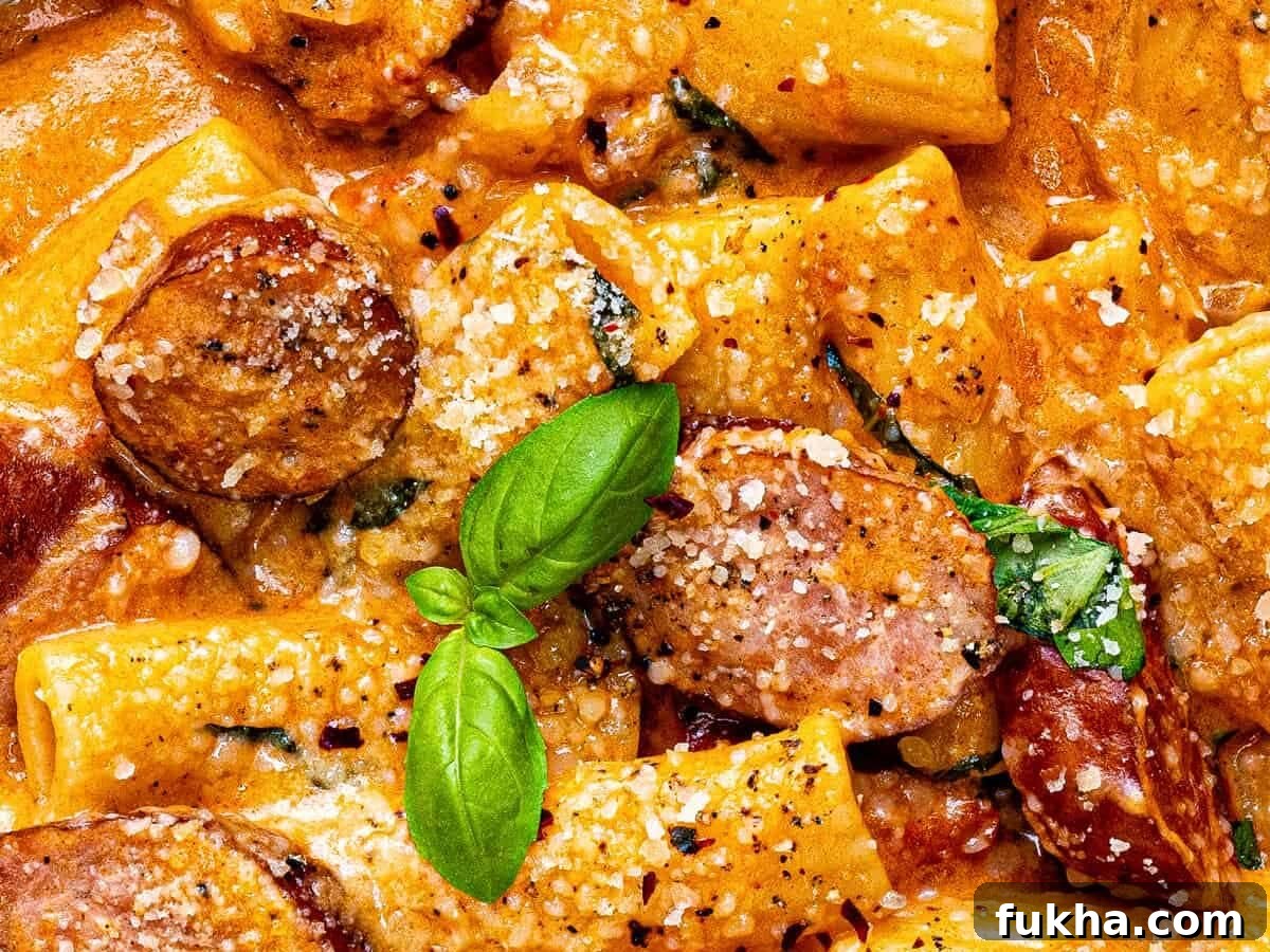Extreme close up on kielbasa pasta