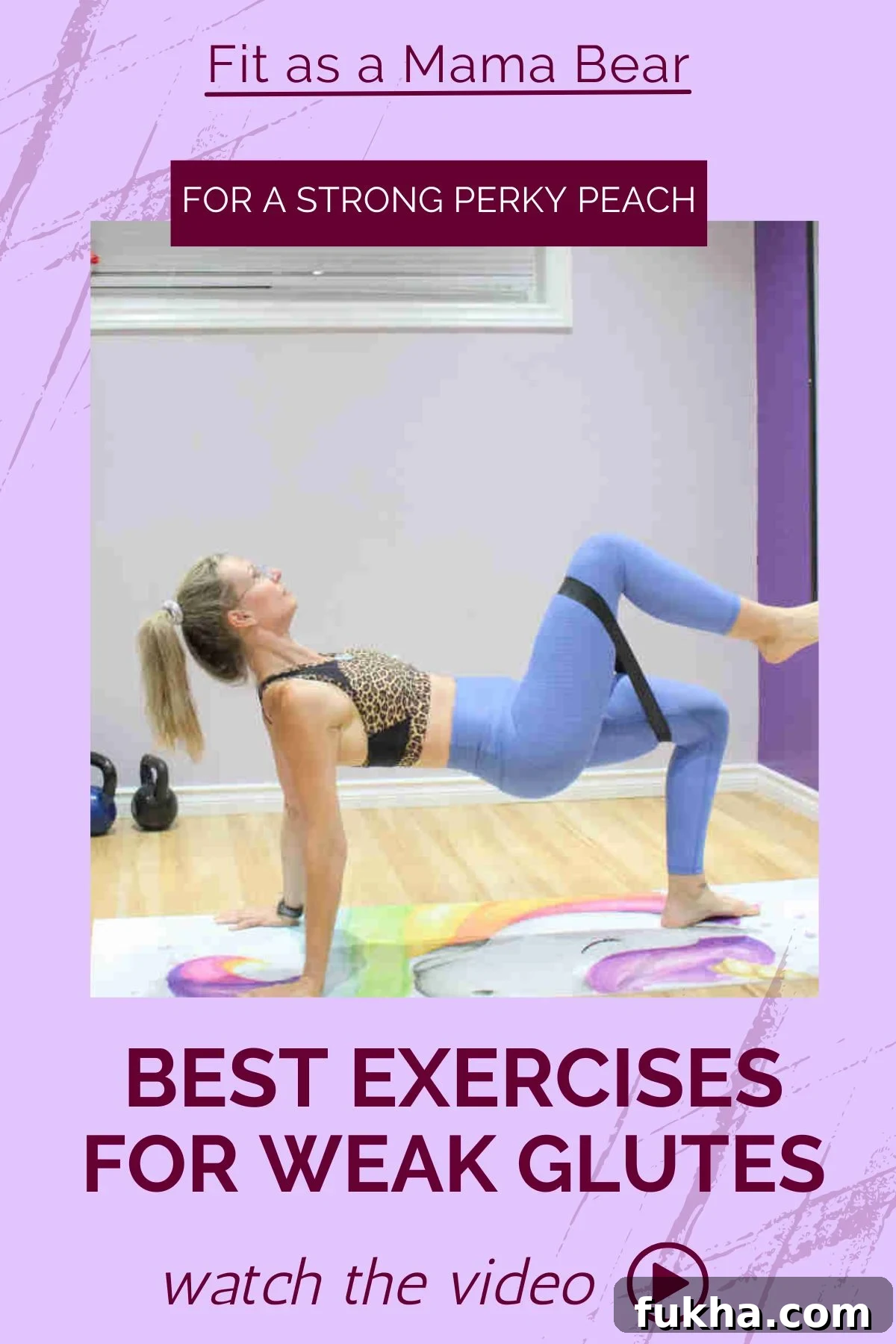 Woman in blue pants and leopard sports bra performing a glute exercise in a reverse table top position.
