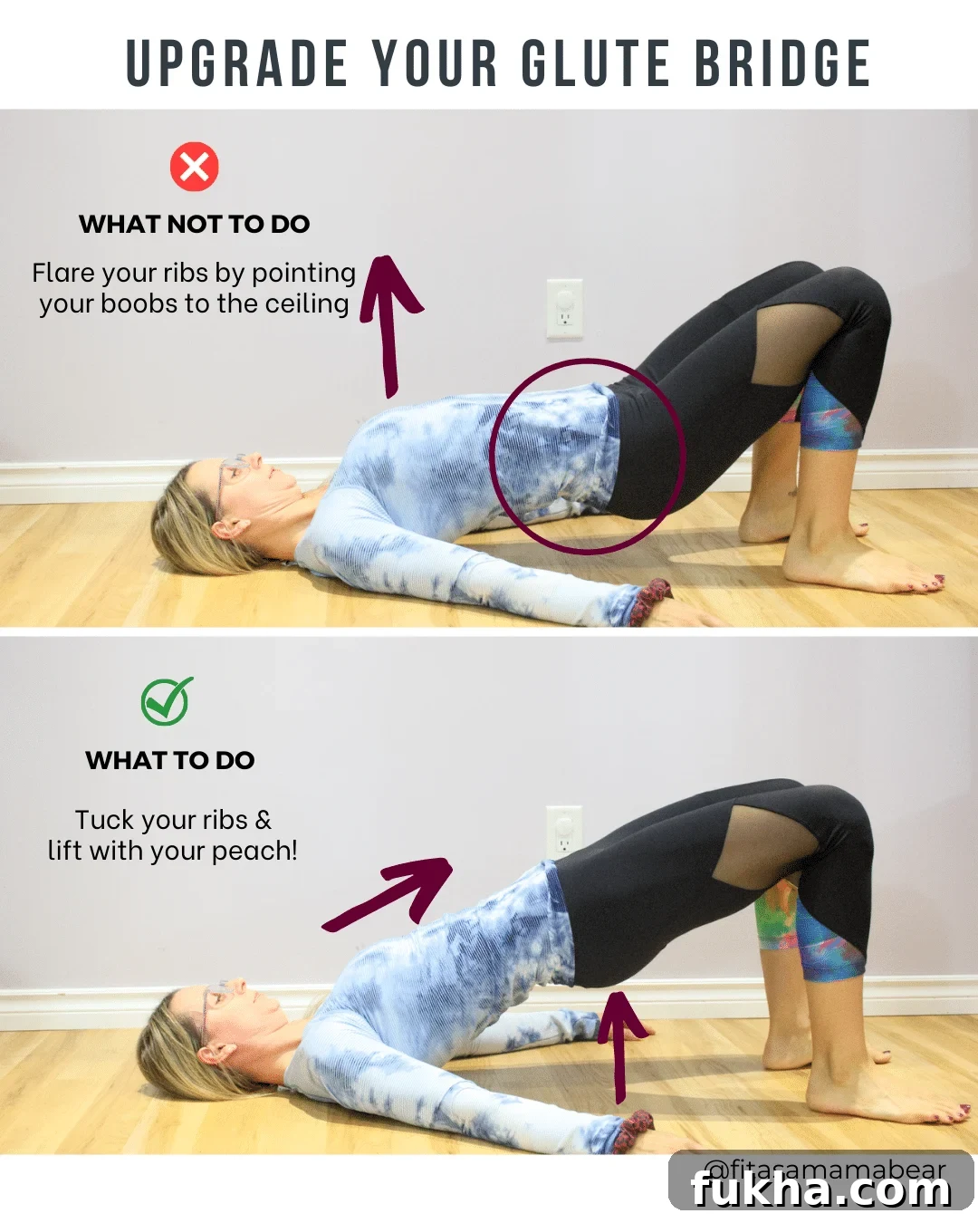 Woman performing a glute bridge on the floor two different ways.