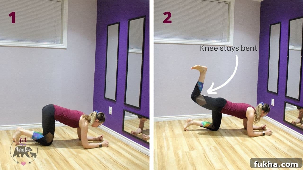 Two images of a woman performing quadruped hip extensions.