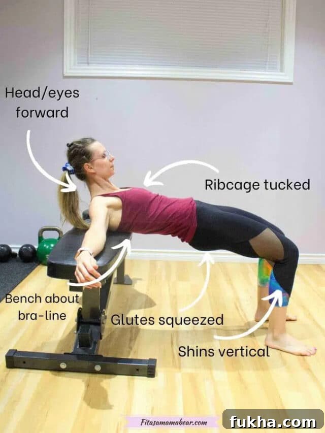 Woman performing a hip thrust with technique cues.