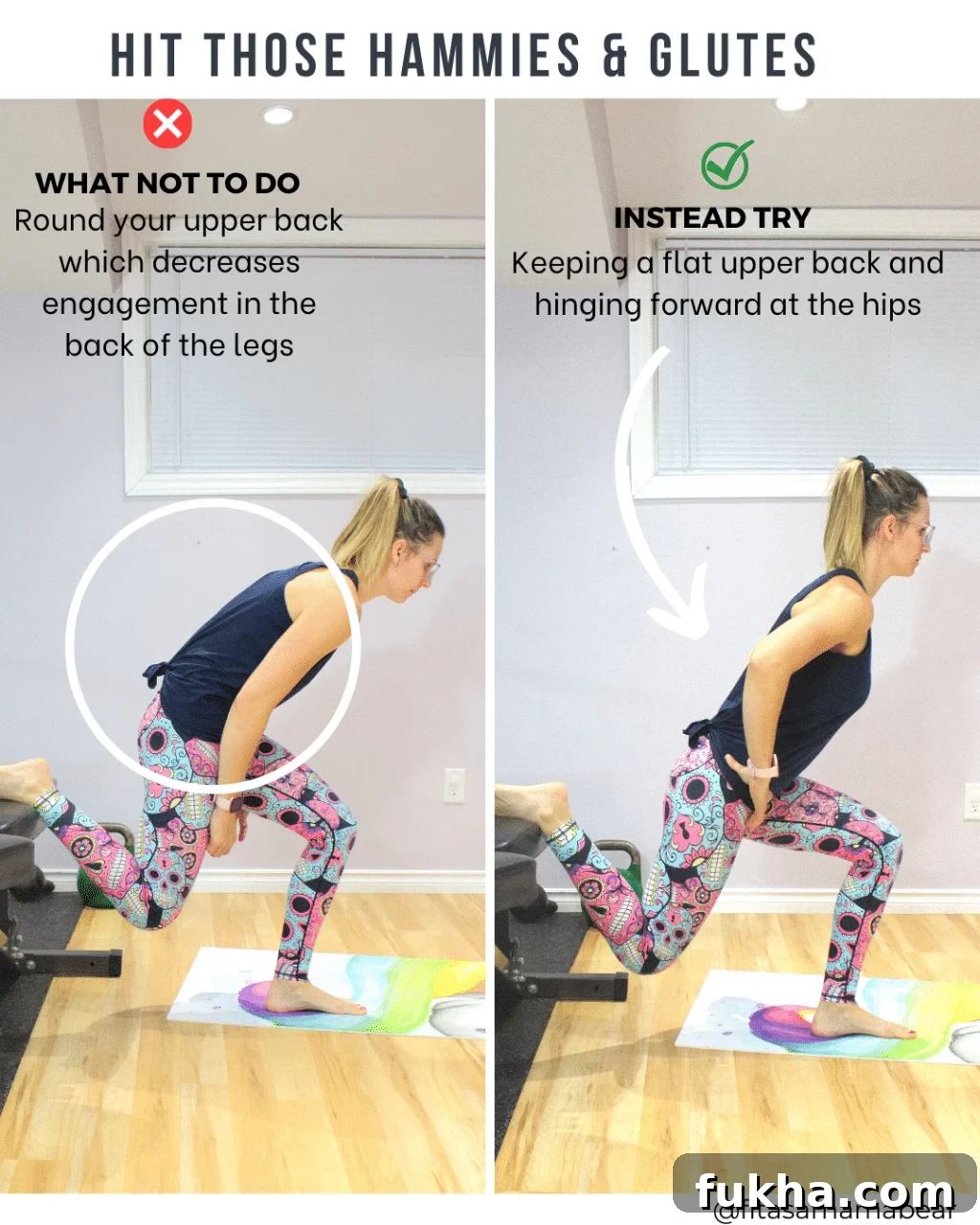 Woman performing a Bulgarian split squat with glute-focused cues.