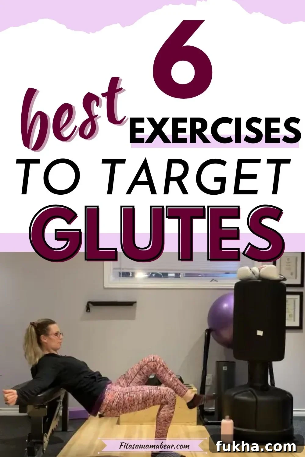 Woman performing a glute exercise on a bench.