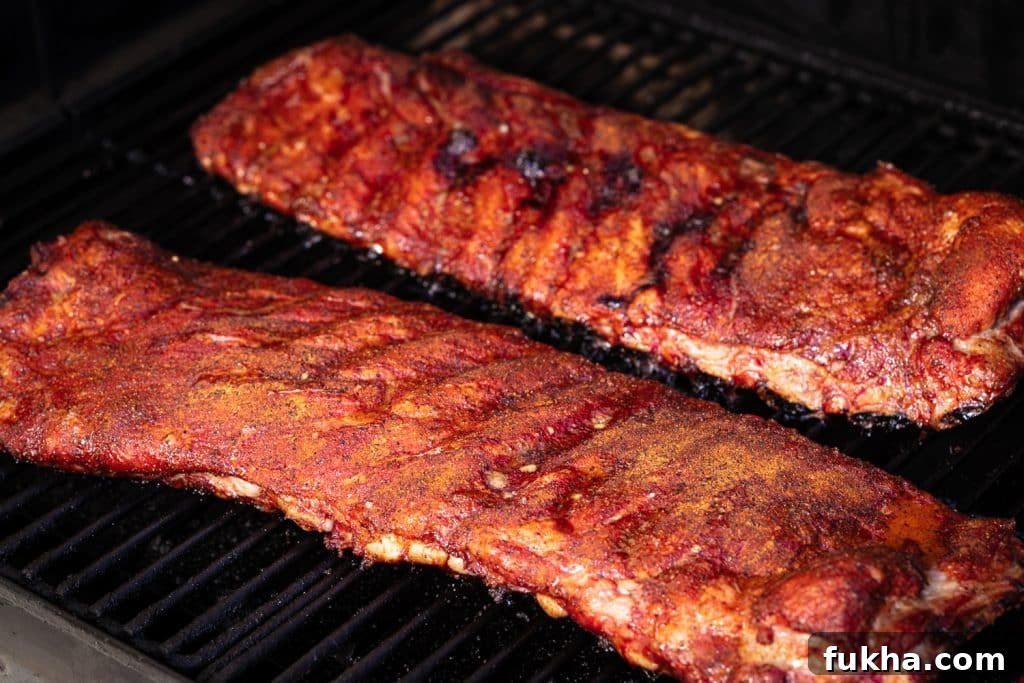 Two racks of ribs on the smoker.