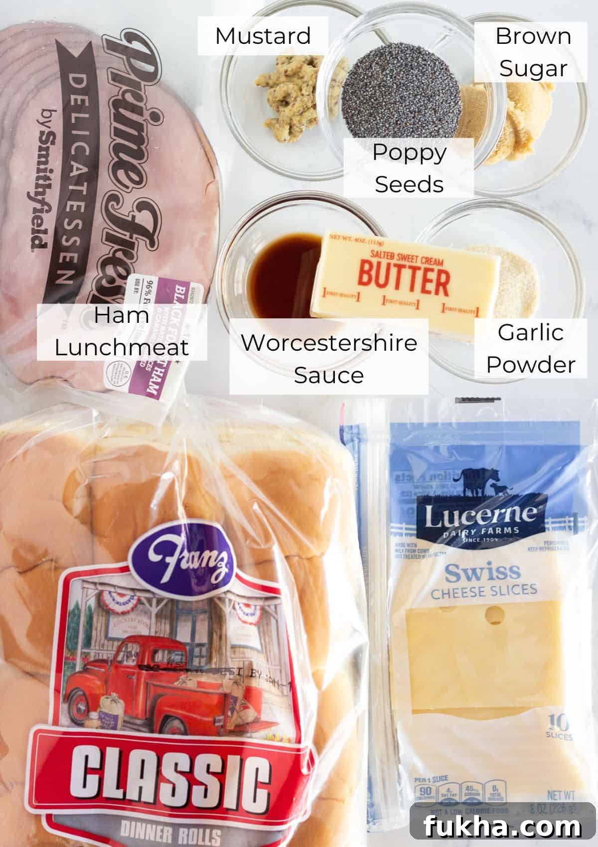 Brown Sugar Ham and Cheese Sliders Recipe with Sweet Glaze 3 The ingredients needed to make brown sugar and ham sliders.