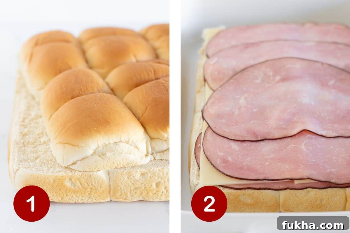 Brown Sugar Ham and Cheese Sliders Recipe with Sweet Glaze 4 Cut the rolls in half and layer ham and cheese in the middle.