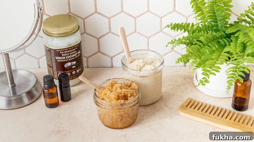 DIY Coconut Sugar Scrub for Glowing Skin 2 Two glass jars filled with body scrubs made of sugar and coconut oil. GIY Coconut Sugar Scrub