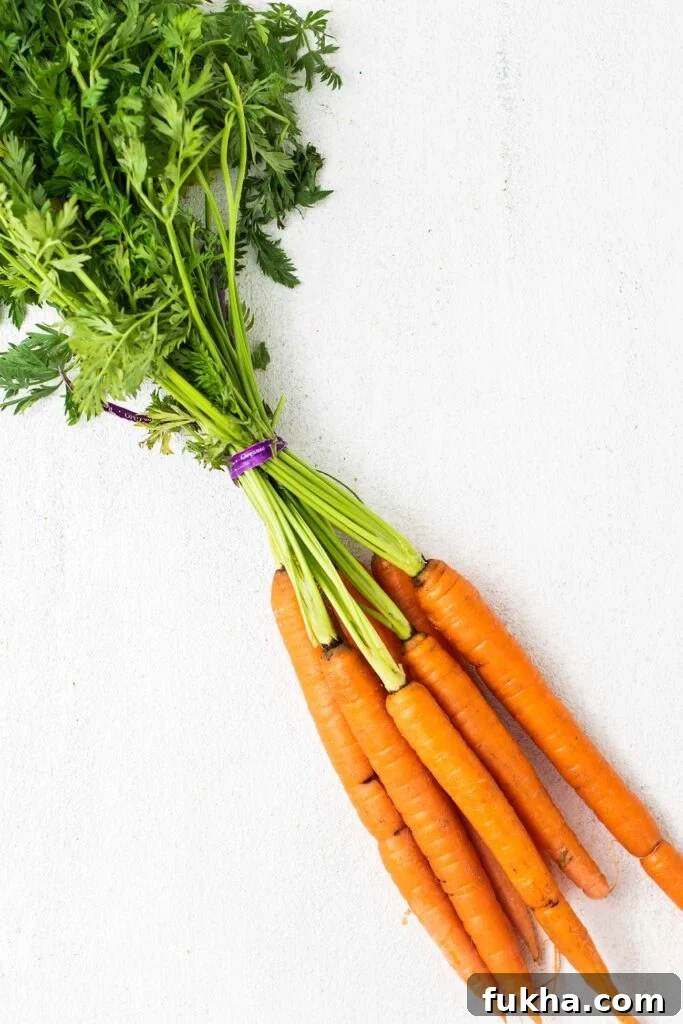 A bunch of carrots shown with the greens still attached.
