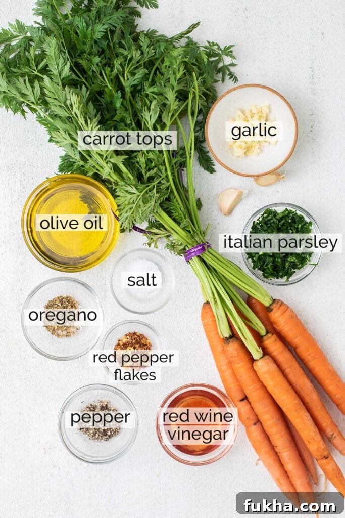 The ingredients needed to make a carrot top chimichurri.