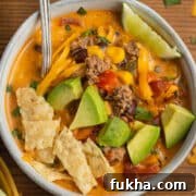 This is a square picture of creamy beef taco soup.