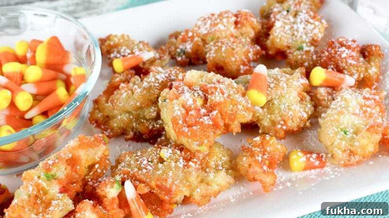 Deep fried candy corn in Funfetti batter dusted with powdered sugar and served on a plate with bowl of candy corn.
