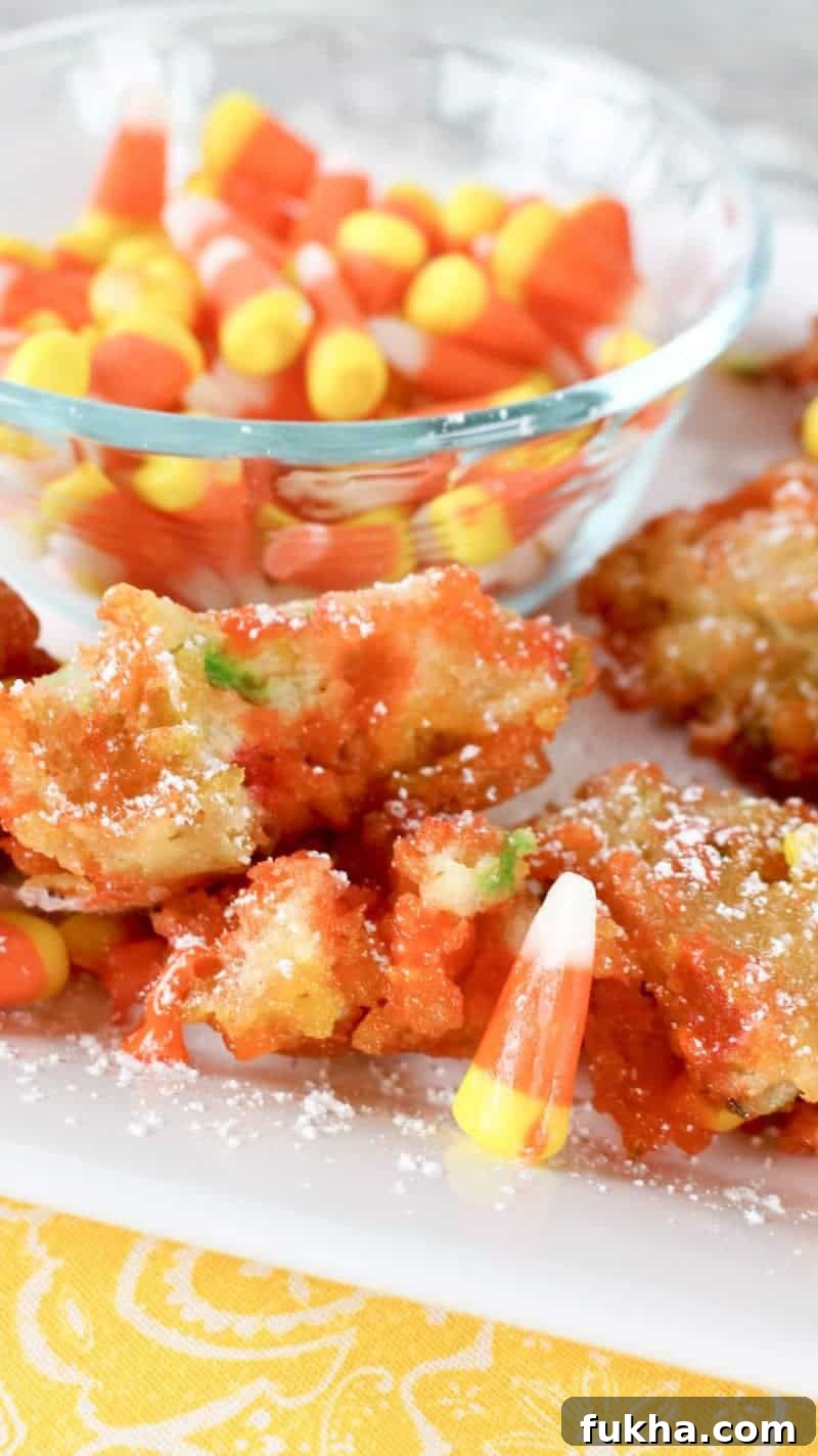 Close up of candy corn pancake mix fritter with bite taken out of it.