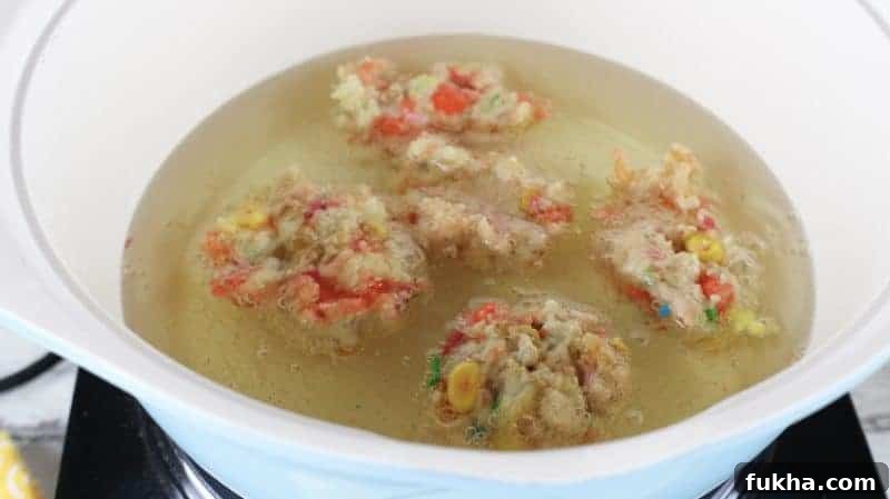 Balls of colorful dough in pot of bubbling oil.