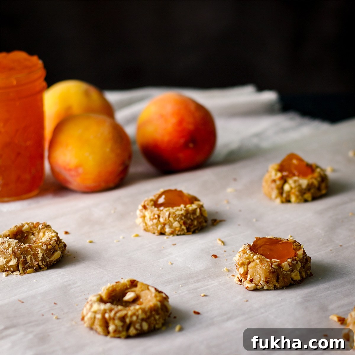 A baking sheet with almond thumbprint cookies being filled with peach preserves.
