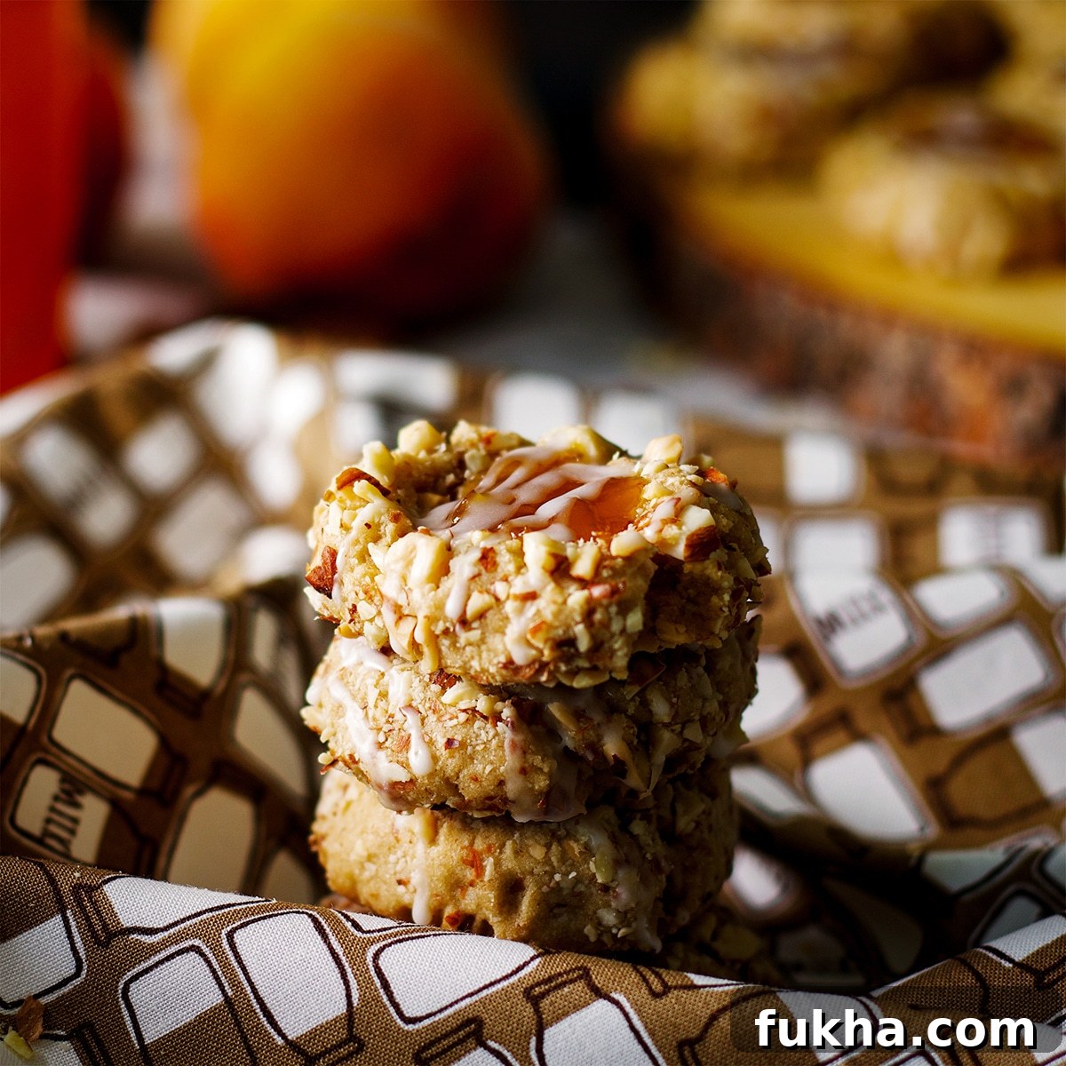 A stack of three almond shortbread cookies filled with peach preserves.