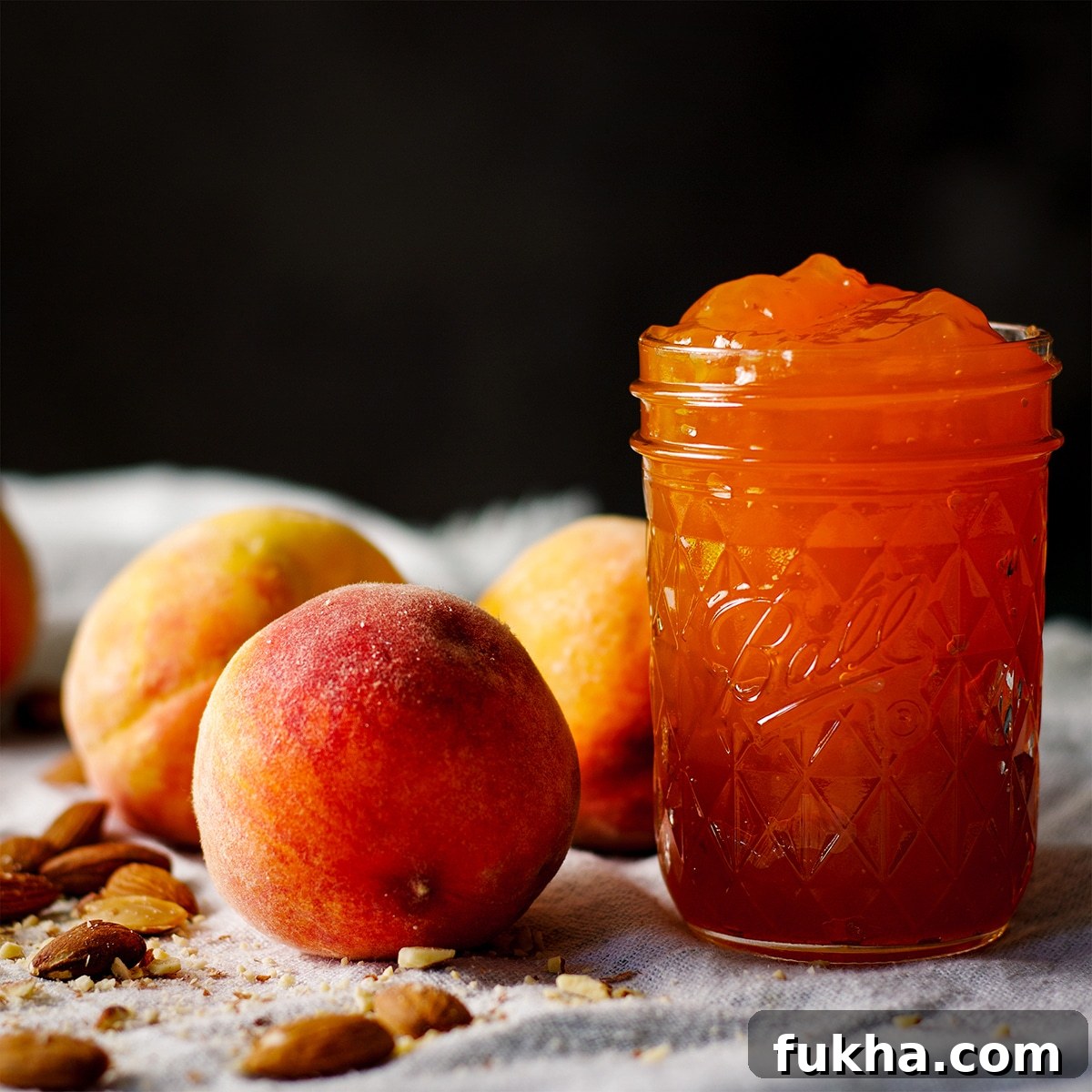 A jar of homemade peach preserves next to fresh peaches and roasted almonds.