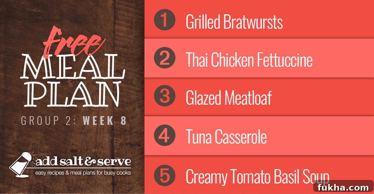 Week 8 Meal Plan for Group 2: Menu and Shopping List 2 Meal Plan for Week 8 (Group 2): Grilled Bratwursts, Thai Chicken Fettuccine, Glazed Meatloaf, Tuna Casserole, Creamy Tomato Basil Soup