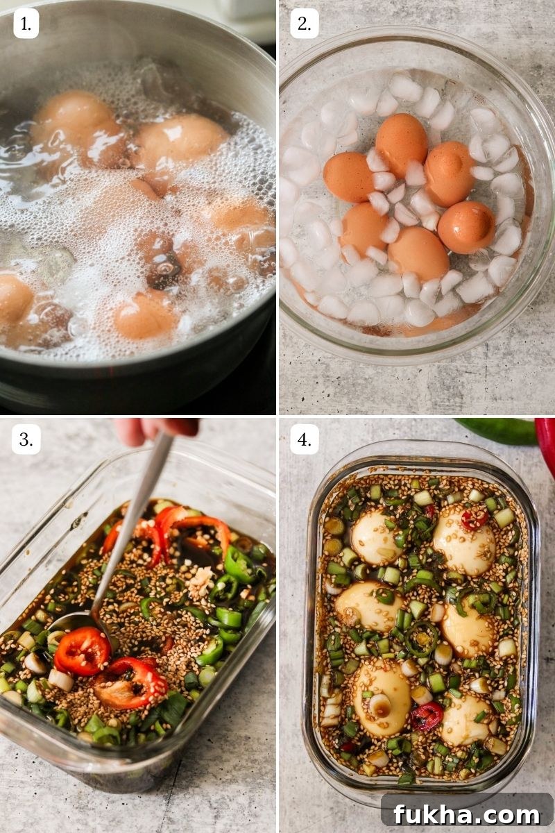 step by step photos showing the process of making mayak eggs: boiling in water, resting in an ice bath, marinating in a dish.