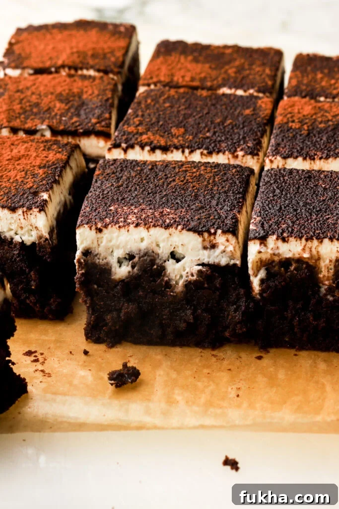 close up of sliced tiramisu brownies