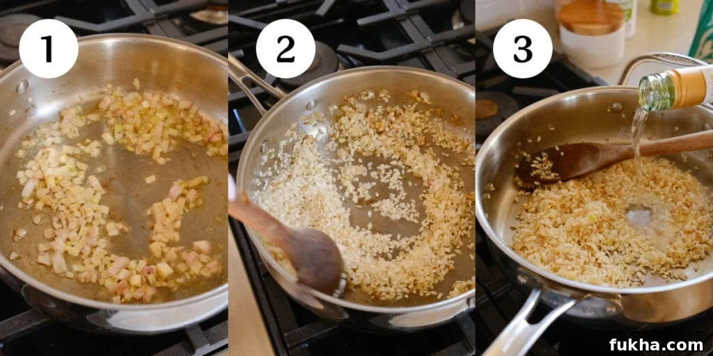 Steps for making risotto in a pan
