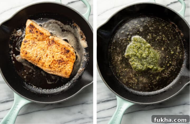 pan frying salmon and making pesto sauce in a skillet