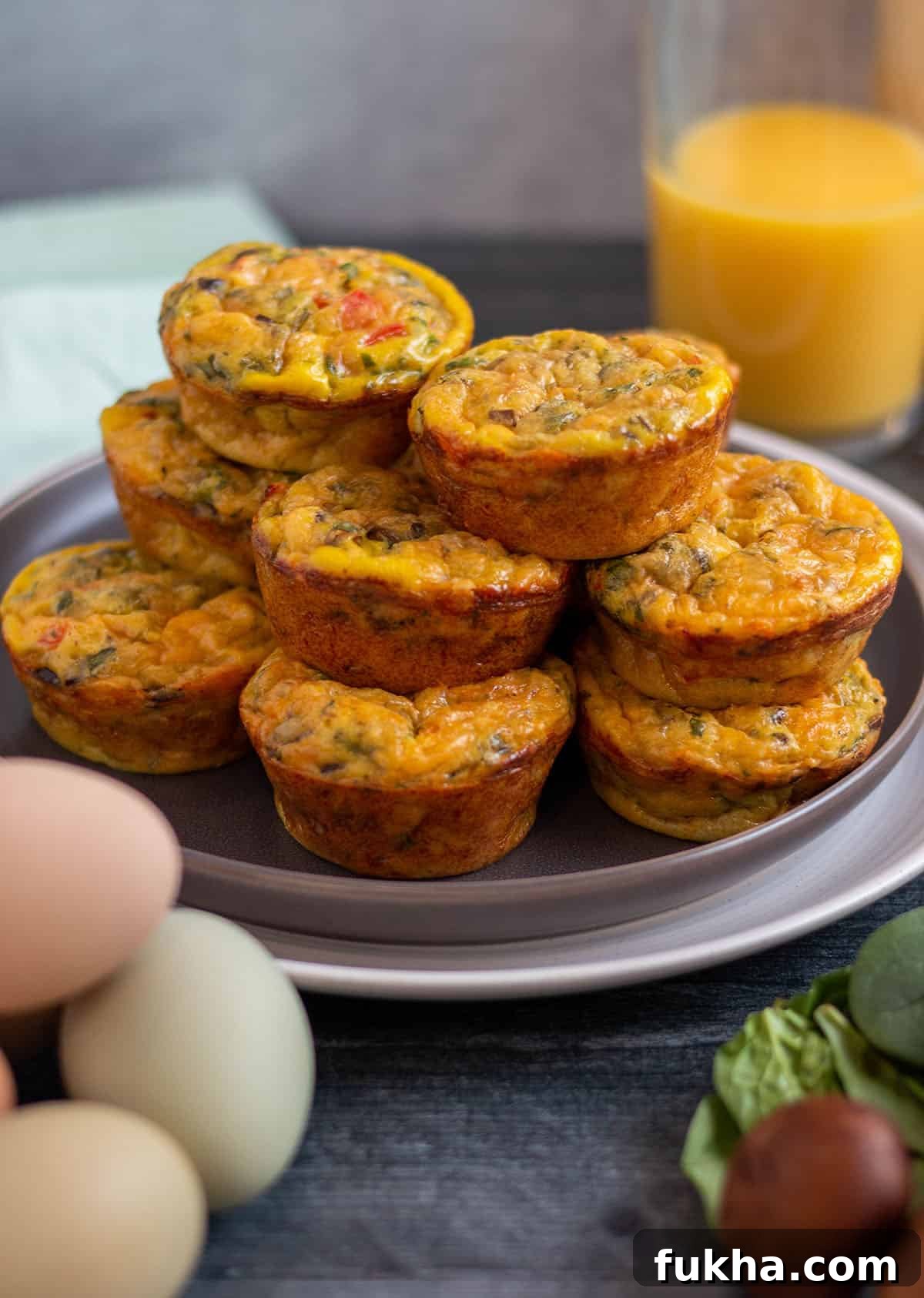Sourdough Starter Breakfast Bites Recipe 2 A plate of breakfast bites with fresh eggs, mushrooms and spinach in front of the plate.