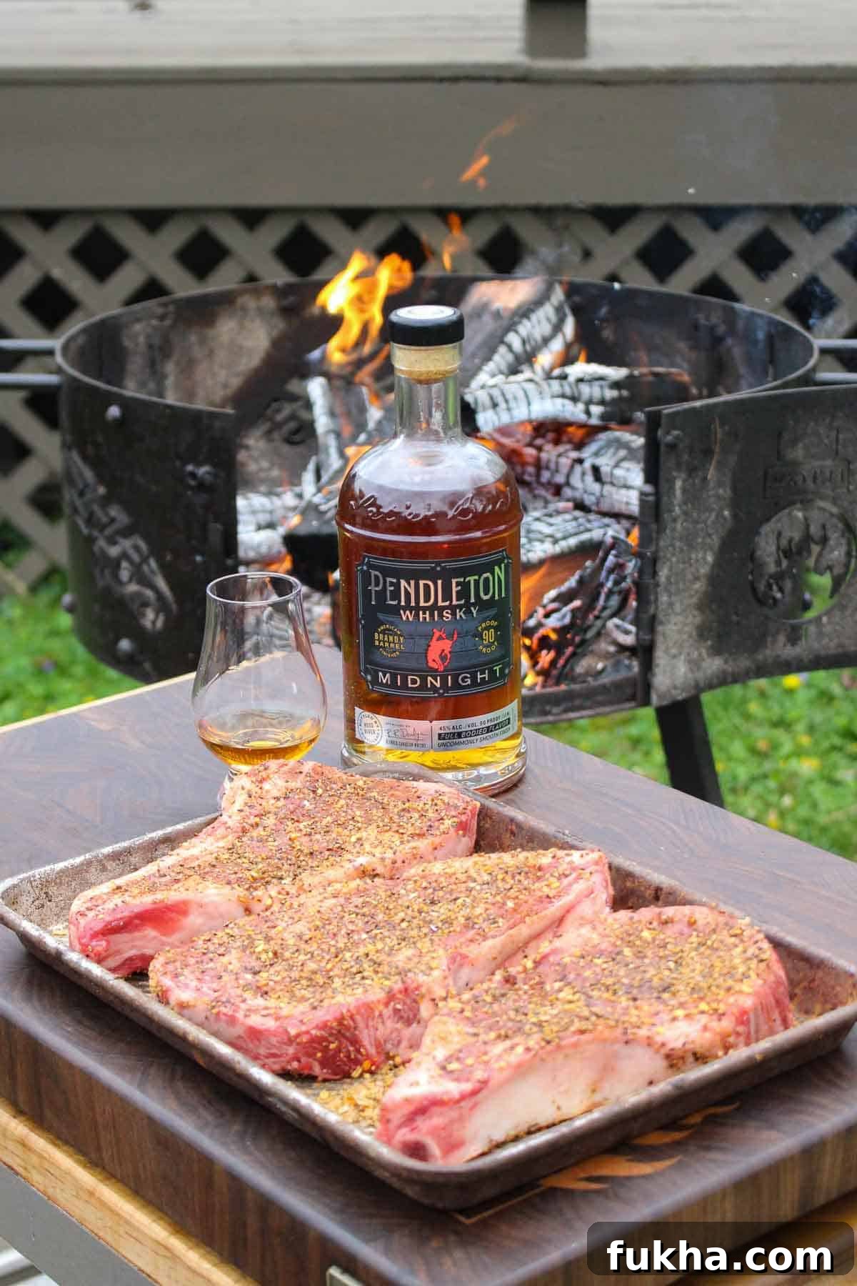Pendleton Midnight Whisky with seasoned bone-in ribeyes.