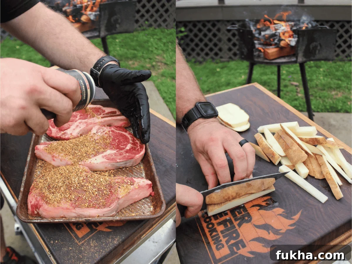 Preparing the steak and slicing the potatoes into fries.