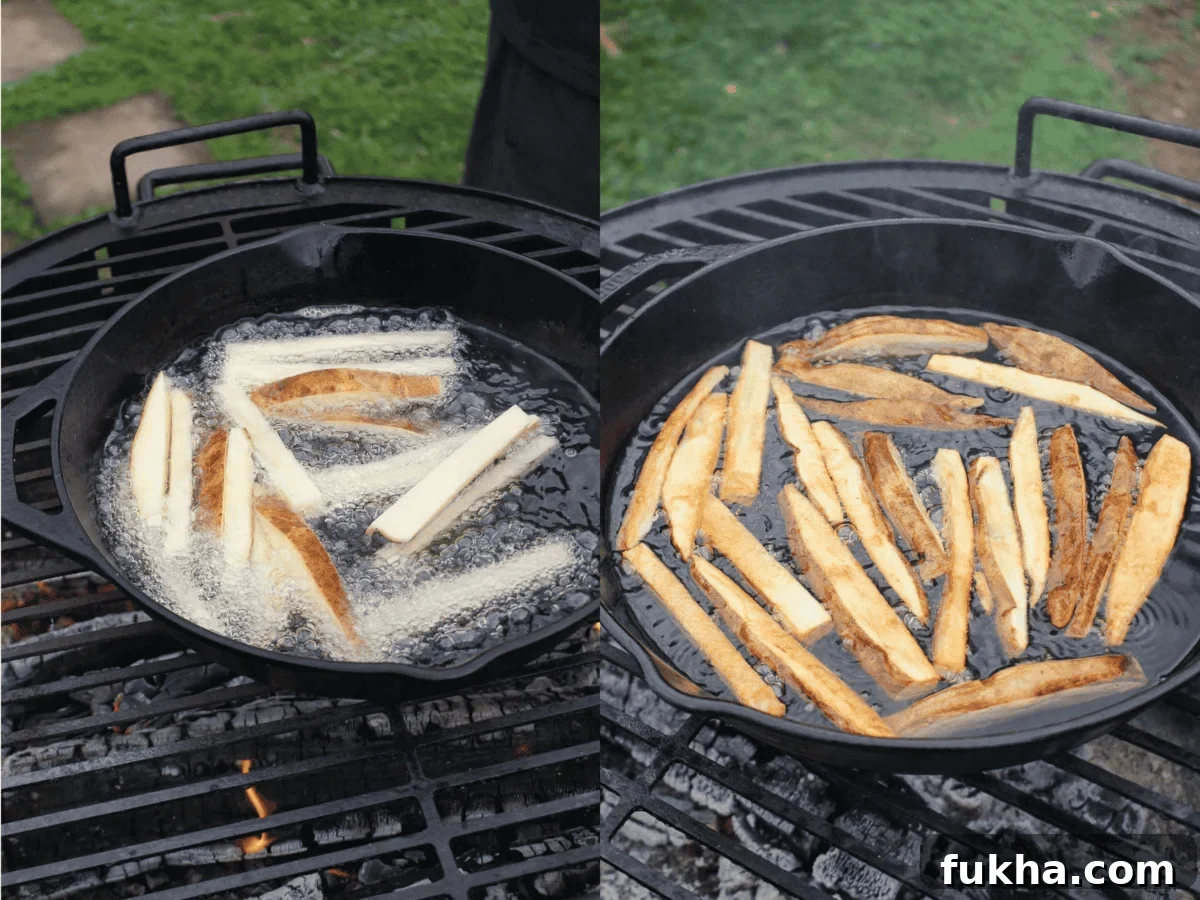 Fries right after they have been added to the beef tallow and right when they are done.