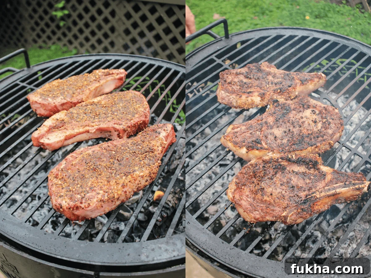 Bone-in Ribeyes when freshly added to the fire and when they are ready to come off.