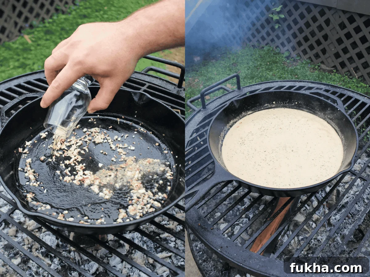 Adding the Pendleton Midnight Whisky to deglaze the skillet and the Peppercorn Cream Sauce once done.