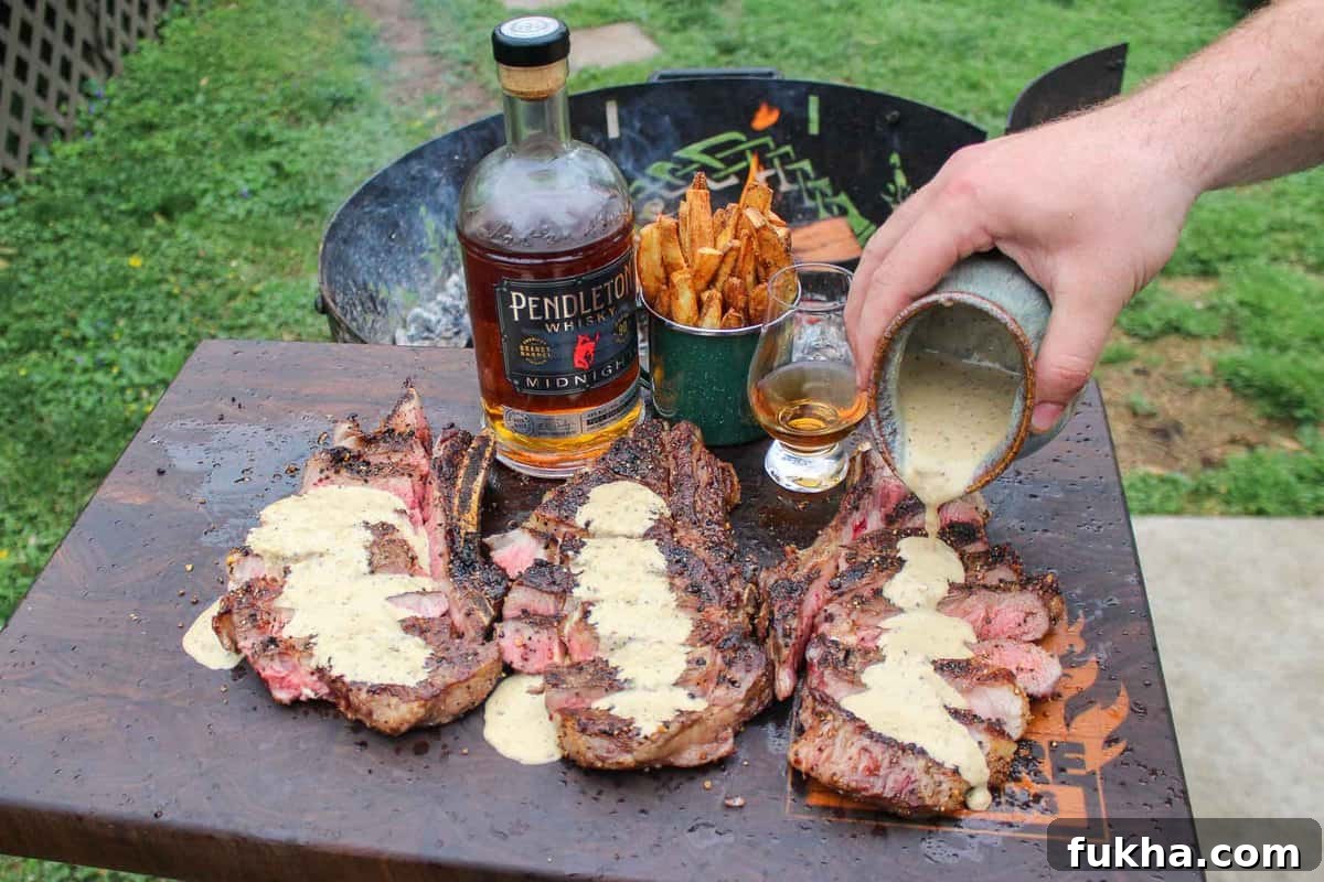 Pouring the Peppercorn Cream Sauce over the Steak.