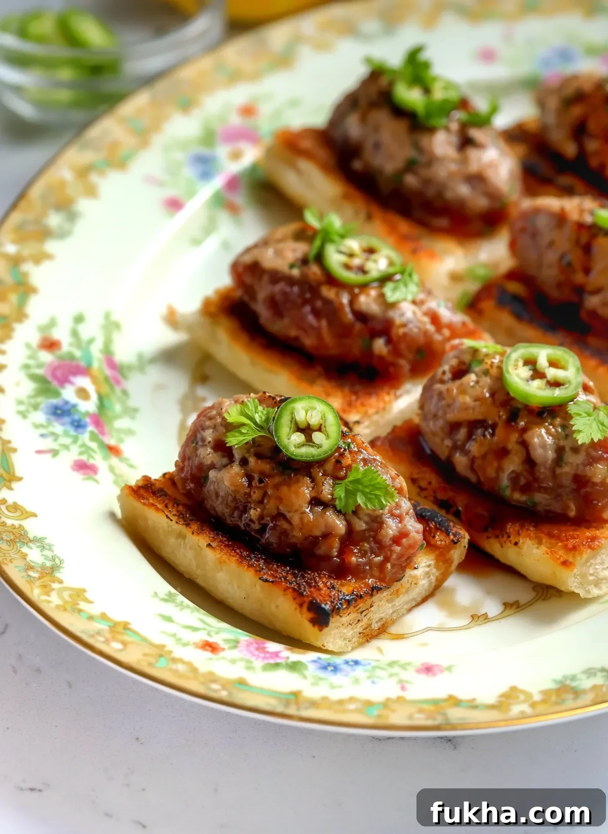 Side view of tuna tartare on toasted baguette, finished with serrano slices