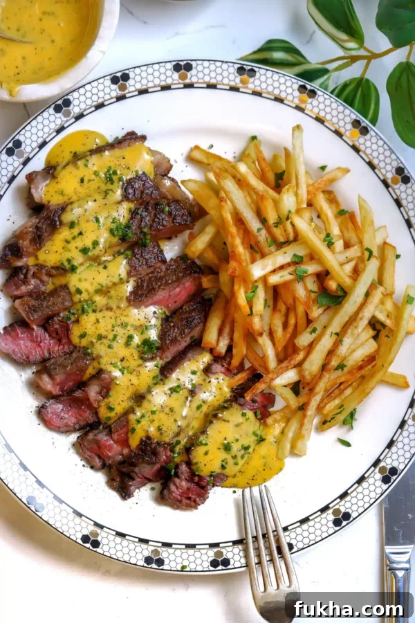 Top-down view of a round white plate with a black and gold geometric border holding sliced steak with sauce and a mound of french fries.