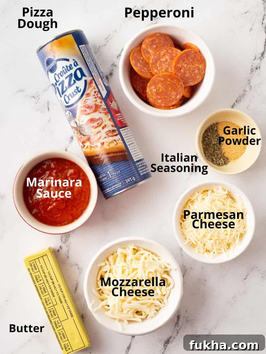 Homemade Pizza Poppers Recipe: Crispy Cheesy Bites 3 Ingredients laid out for pizza poppers